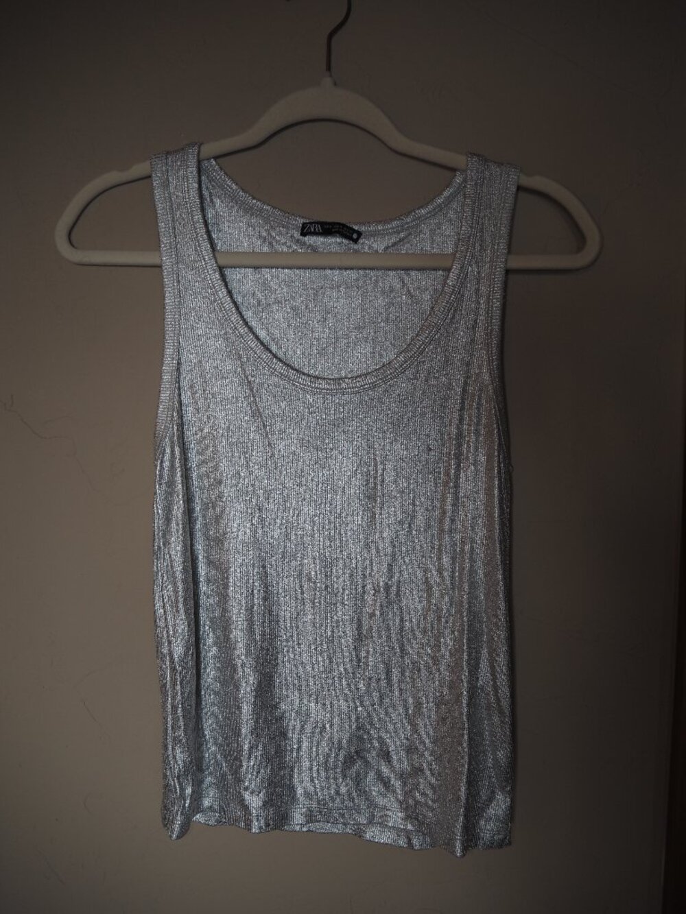 Zara Metallic Silver Ribbed Tank Top Size M